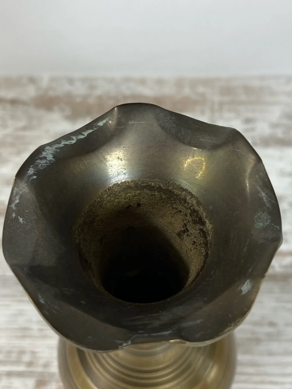 Vintage Brass Vase Etched Floral Made in India Patina Distressed 8”